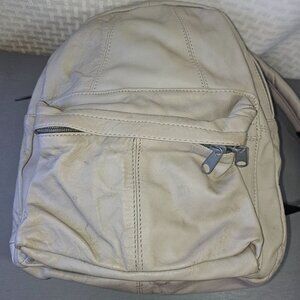 Small Beige Leather Backpack With Front Zipper Pocket & Adjustable Straps